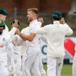 South Africa's Wiaan Mulder (4th L) celebrates with teammates after the dismissal of Bangladesh's Bangladesh's Mominul Haque (L) during the second day of the second Test cricket match between South Africa and Bangladesh at St George's Park in Gqeberha on April 9, 2022. (Photo by Marco Longari / AFP) (Photo by MARCO LONGARI/AFP via Getty Images)