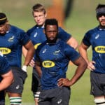 CAPE TOWN, SOUTH AFRICA - JULY 26: Siya Kolisi, (C) the Springbok captain looks on with team mates during the South Africa Springbok training held at the Western Province High Performance Centre on July 26, 2021 in Cape Town, South Africa. (Photo by David Rogers/Getty Images)