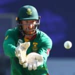 DUBAI, UNITED ARAB EMIRATES - OCTOBER 26: Heinrich Klaasen of South Africa gathers the ball during the ICC Men's T20 World Cup match between South Africa and West Indies at Dubai International Stadium on October 26, 2021 in Dubai, United Arab Emirates. (Photo by Francois Nel/Getty Images)