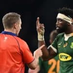 LONDON, ENGLAND - NOVEMBER 20: Siya Kolisi of South Africa is shown a yellow card by Referee, Adam Brace during the Autumn Nations Series match between England and South Africa at Twickenham Stadium on November 20, 2021 in London, England. (Photo by Shaun Botterill/Getty Images)