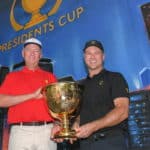 CHARLOTTE, NC - SEPTEMBER 29: Davis Love III and Trevor Immelman visit the Presidents Cup art mural in downtown Charlotte during the Captains Visit for 2022 Presidents Cup on September 29, 2021 in Charlotte, North Carolina. (Photo by Ben Jared/PGA TOUR via Getty Images)