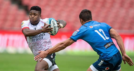 JOHANNESBURG, SOUTH AFRICA - JANUARY 29: Wandisile Simelane of the Emirates Lions in action during the United Rugby Championship match between Emirates Lions and Vodacom Bulls at Emirates Airline Park on January 29, 2022 in Johannesburg, South Africa. (Photo by Anton Geyser/Gallo Images)