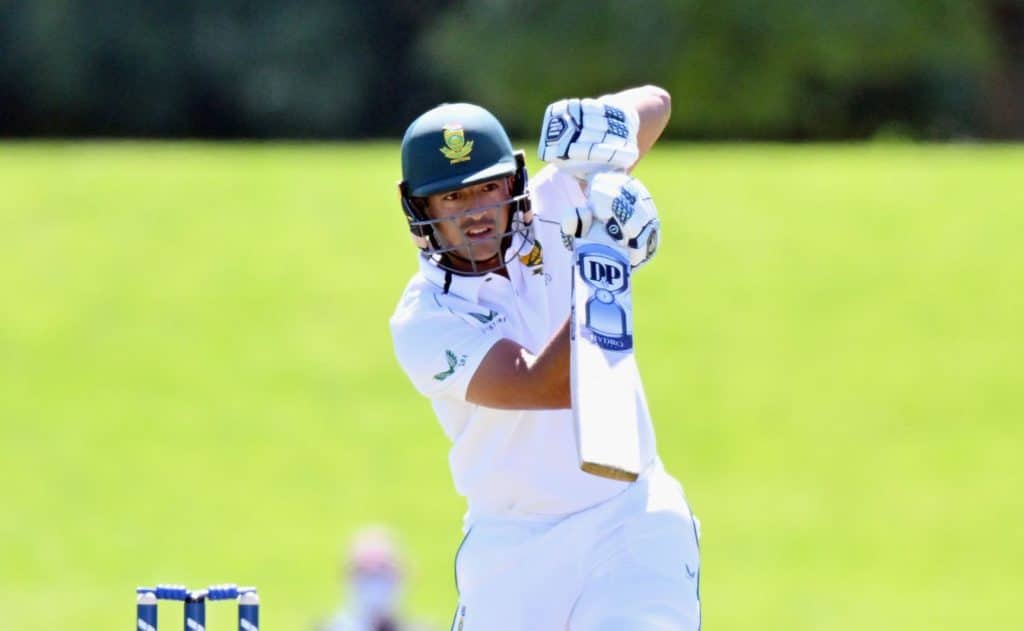 CHRISTCHURCH, NEW ZEALAND - FEBRUARY 17: Zubayr Hamza of South Africa maks a run during day one of the First Test Match in the series between New Zealand and South Africa at Hagley Oval on February 17, 2022 in Christchurch, New Zealand. (Photo by Kai Schwoerer/Getty Images)