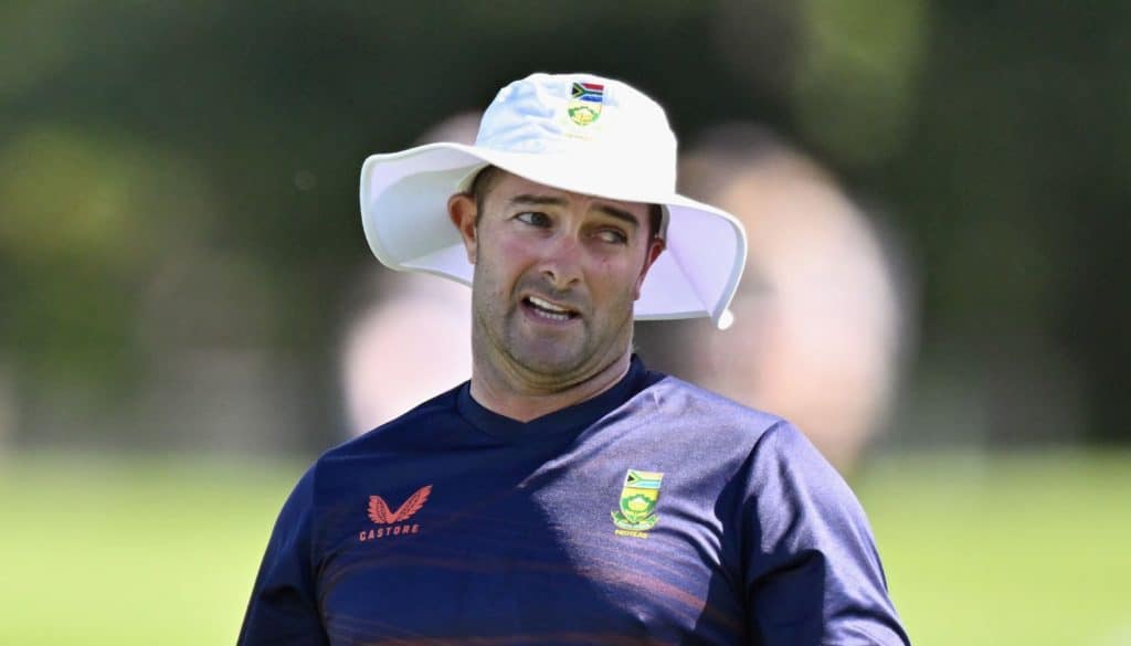CHRISTCHURCH, NEW ZEALAND - FEBRUARY 18: Head Coach Mark Boucher of South Africa reacts prior to day two of the First Test Match in the series between New Zealand and South Africa at Hagley Oval on February 18, 2022 in Christchurch, New Zealand. (Photo by Kai Schwoerer/Getty Images)