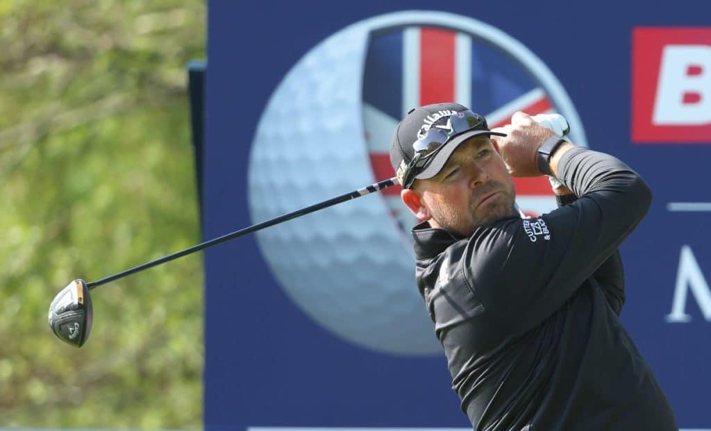 SUTTON COLDFIELD, ENGLAND - MAY 06: Justin Walters of South Africa tees off on the third hole during the second round of the Betfred British Masters hosted by Danny Willett at The Belfry on May 06, 2022 in Sutton Coldfield, England. (Photo by Andrew Redington/Getty Images)