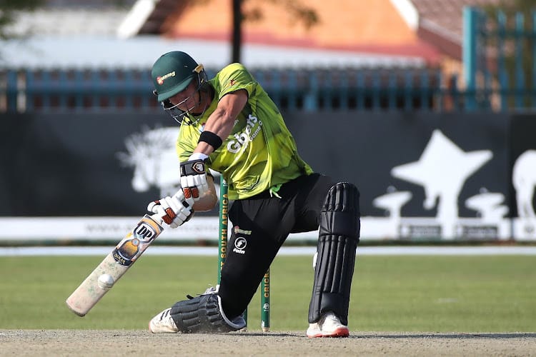 Tristan Stubbs of the Gbets Warriors hits over the top for a boundary during the 2021/22 CSA Provincial T20 Cup cricket match between the Eastern Cape Iinyathi and Gbets Warriors at the Diamond Oval, Kimberley on 06 October 2021@Gavin Barker/BackpagePix