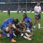 Junior Pokomela of Stormers and Nama Xaba of Stormers console Madosh Tambwe of the Bulls during the United Rugby Championship 2021/22 Grand Final between Stormers and Bulls held at Cape Town Stadium in Cape Town, South Africa on 18 June 2022 ©Shaun Roy/BackpagePix