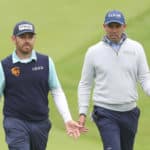 SAN FRANCISCO, CALIFORNIA - AUGUST 05: Louis Oosthuizen of South Africa and Charl Schwartzel of South Africa walk up the 10th fairway during a practice round prior to the 2020 PGA Championship at TPC Harding Park on August 05, 2020 in San Francisco, California. (Photo by Jamie Squire/Getty Images)