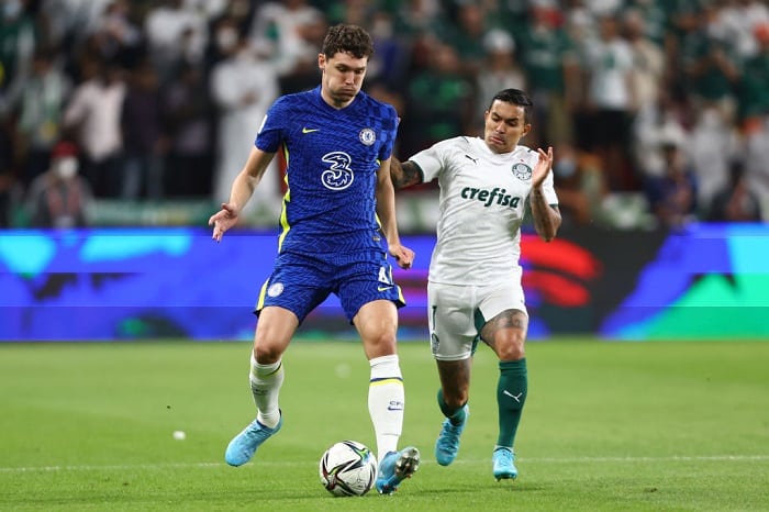 ABU DHABI, UNITED ARAB EMIRATES - FEBRUARY 12: Andreas Christensen of Chelsea battles for possession with Dudu of Palmeiras during the FIFA Club World Cup UAE 2021 Final match between Chelsea and Palmeiras at Mohammed Bin Zayed Stadium on February 12, 2022 in Abu Dhabi, United Arab Emirates. (Photo by Francois Nel/Getty Images)
