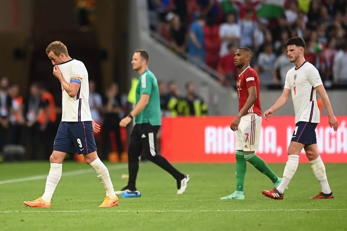 BUDAPEST, HUNGARY - JUNE 04: Harry Kane of England looks dejected following their sides defeat in the UEFA Nations League League A Group 3 match between Hungary and England at Puskas Arena on June 04, 2022 in Budapest, Hungary. (Photo by Michael Regan/Getty Images)