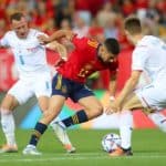 MALAGA, SPAIN - JUNE 12: Ferran Torres of Spain is challenged by Vladimir Coufal of Czech Republic during the UEFA Nations League League A Group 2 match between Spain and Czech Republic at La Rosaleda Stadium on June 12, 2022 in Malaga, Spain. (Photo by Fran Santiago/Getty Images)