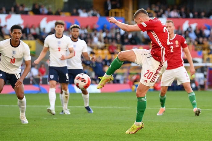 WOLVERHAMPTON, ENGLAND - JUNE 14: Roland Sallai of Hungary scores their team's first goal during the UEFA Nations League League A Group 3 match between England and Hungary at Molineux on June 14, 2022 in Wolverhampton, England. (Photo by Shaun Botterill/Getty Images)