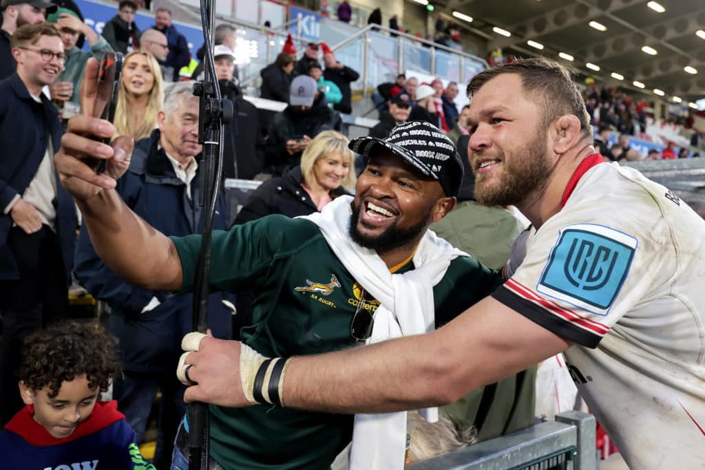 United Rugby Championship, Kingspan Stadium, Belfast 20/5/2022 Ulster vs Cell C Sharks Ulster's Duane Vermeulen takes a selfie with a fan after the game Mandatory Credit ©INPHO/Laszlo Geczo