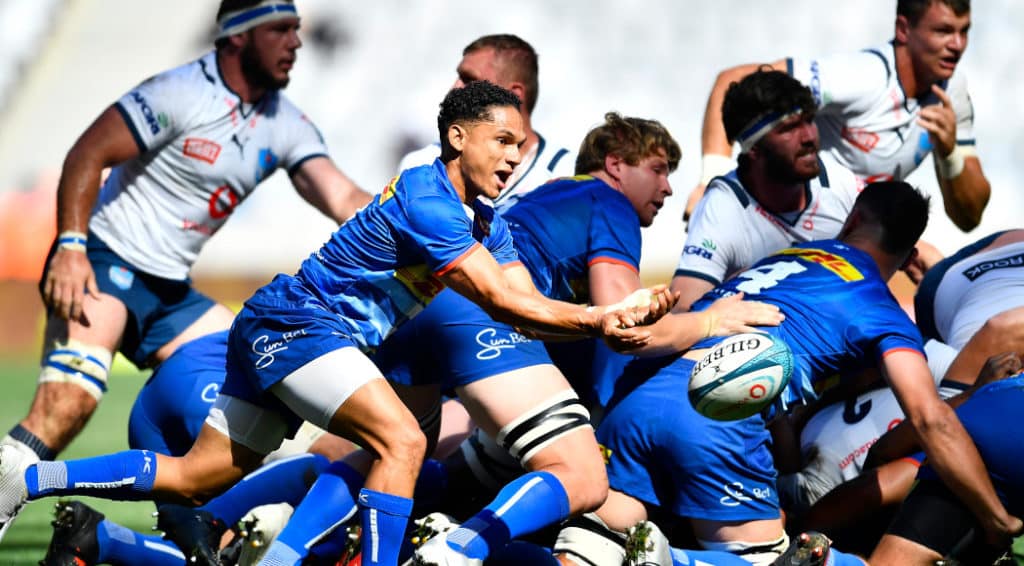 CAPE TOWN, SOUTH AFRICA - APRIL 09: Herschel Jantjies of the Stormers during the United Rugby Championship match between DHL Stormers and Vodacom Bulls at DHL Stadium on April 09, 2022 in Cape Town, South Africa. (Photo by Ashley Vlotman/Gallo Images)