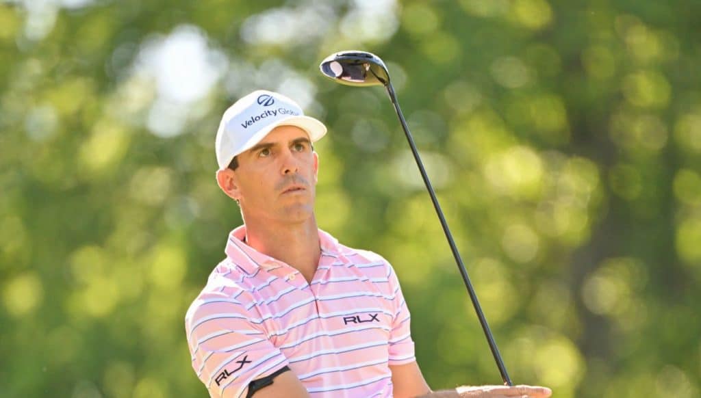 DUBLIN, OHIO - JUNE 04: Billy Horschel tees off on the 18th hole during the third round of the Memorial Tournament presented by Workday at Muirfield Village Golf Club on June 4, 2022 in Dublin, Ohio. (Photo by Ben Jared/PGA TOUR via Getty Images)