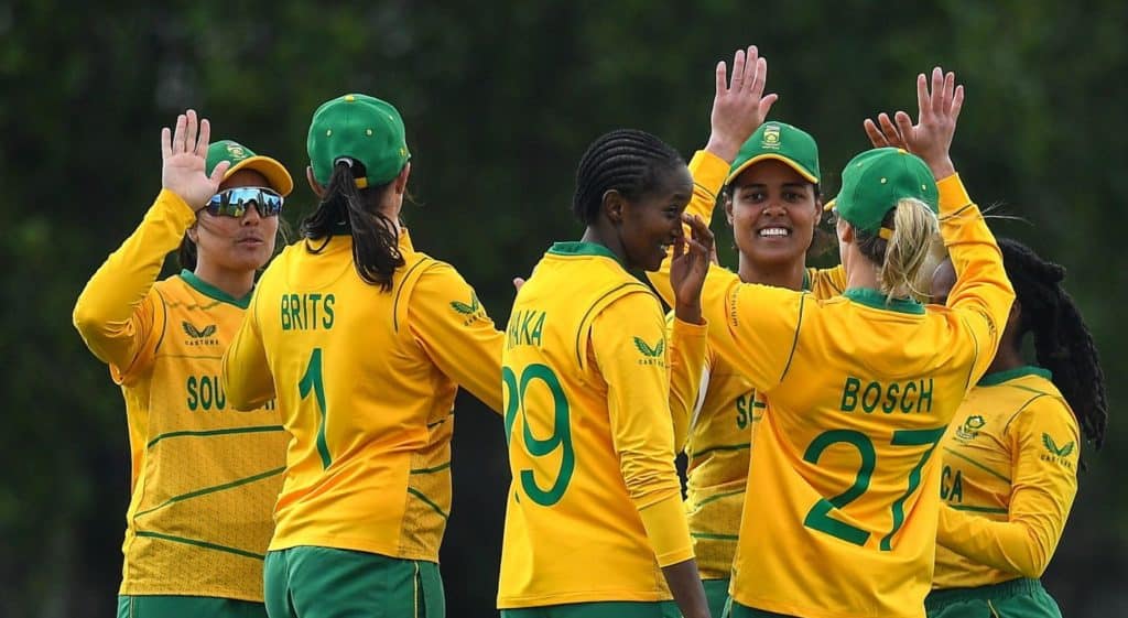 Dublin , Ireland - 8 June 2022; South Africa players celebrate after bowling Ireland out during the Women's T20 International match between Ireland and South Africa at Pembroke Cricket Club in Dublin. (Photo By George Tewkesbury/Sportsfile via Getty Images)