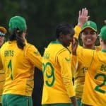 Dublin , Ireland - 8 June 2022; South Africa players celebrate after bowling Ireland out during the Women's T20 International match between Ireland and South Africa at Pembroke Cricket Club in Dublin. (Photo By George Tewkesbury/Sportsfile via Getty Images)