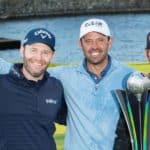 ST ALBANS, ENGLAND - JUNE 11: The Stinger GC team (L-R) Branden Grace of South Africa, Louis Oosthuizen of South Africa, Hennie du Plessis of South Africa and Charl Schwartzel of South Africa pose with the trophy during the final round of the Inaugural LIV Golf Invitational at The Centurion Club on June 11, 2022 in St Albans, England. (Photo by Montana Pritchard/LIV Golf/Getty Images)