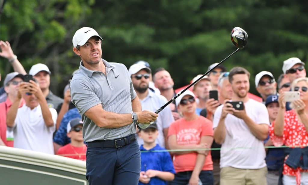 CROMWELL, CT - JUNE 23: Rory McIlroy of Northern Ireland watches his drive on the first tee box during the first round of the Travelers Championship at TPC River Highlands on June 23, 2022 in Cromwell, Connecticut. (Photo by Ben Jared/PGA TOUR via Getty Images)