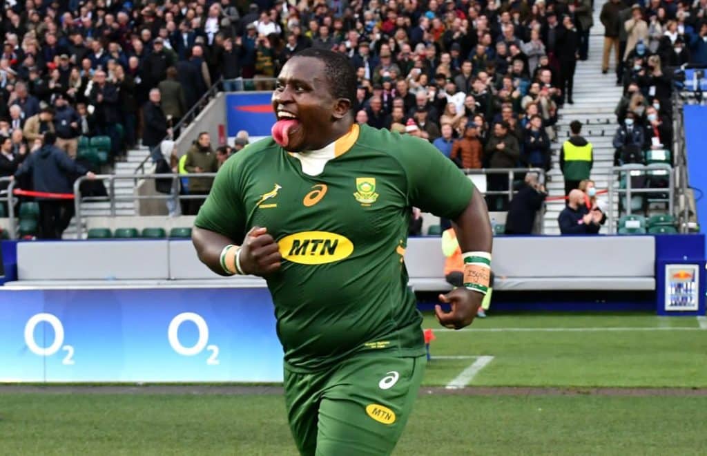 LONDON, ENGLAND - NOVEMBER 20: Trevor Nyakane of South Africa takes to the field during the Autumn Nations Series match between England and South Africa at Twickenham Stadium on November 20, 2021 in London, England. (Photo by Dan Mullan - RFU/The RFU Collection via Getty Images)