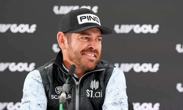 ST ALBANS, ENGLAND - JUNE 07: Louis Oosthuizen of South Africa attends the press conference prior to the LIV Golf Invitational - London at The Centurion Club on June 07, 2022 in St Albans, England. (Photo by Aitor Alcalde/LIV Golf/Getty Images)