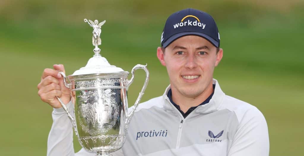 BROOKLINE, MASSACHUSETTS - JUNE 19: Matt Fitzpatrick of England celebrates with the U.S. Open Championship trophy after winning during the final round of the 122nd U.S. Open Championship at The Country Club on June 19, 2022 in Brookline, Massachusetts. (Photo by Andrew Redington/Getty Images)