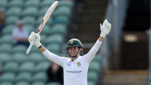 TAUNTON, ENGLAND - JUNE 27: Marizanne Kapp of South Africa celebrates after reaching their century during Day One of the First Test Match between England Women and South Africa Women at The Cooper Associates County Ground on June 27, 2022 in Taunton, England. (Photo by Ryan Hiscott/Getty Images)