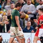 Wales' full-back Liam Williams (2nd R) congratulates Wales' Josh Adams (C) after scoring a try as South Africa's flanker Pieter-Steph du Toit (R) and South Africa's lock Eben Etzebeth (2nd L) react during an international rugby union match between South Africa and Wales at the Toyota Stadium in Bloemfontein on July 9, 2022. (Photo by Phill Magakoe / AFP) (Photo by PHILL MAGAKOE/AFP via Getty Images)