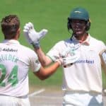 HOVE, ENGLAND - JULY 14: Wiaan Mulder of Leicestershire acknowledges reaching his double century with team mate Colin Ackermann during the LV= Insurance County Championship match between Sussex and Leicestershire at The 1st Central County Ground on July 14, 2022 in Hove, England. (Photo by Bryn Lennon/Getty Images)