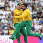 South Africa's Tabraiz Shamsi (right) celebrates taking the wicket of England's Moeen Ali during the third Vitality IT20 match at the Ageas Bowl, Southampton. Picture date: Sunday July 31, 2022. Photo by Kieran Cleeves/PA Wire/BackpagePix