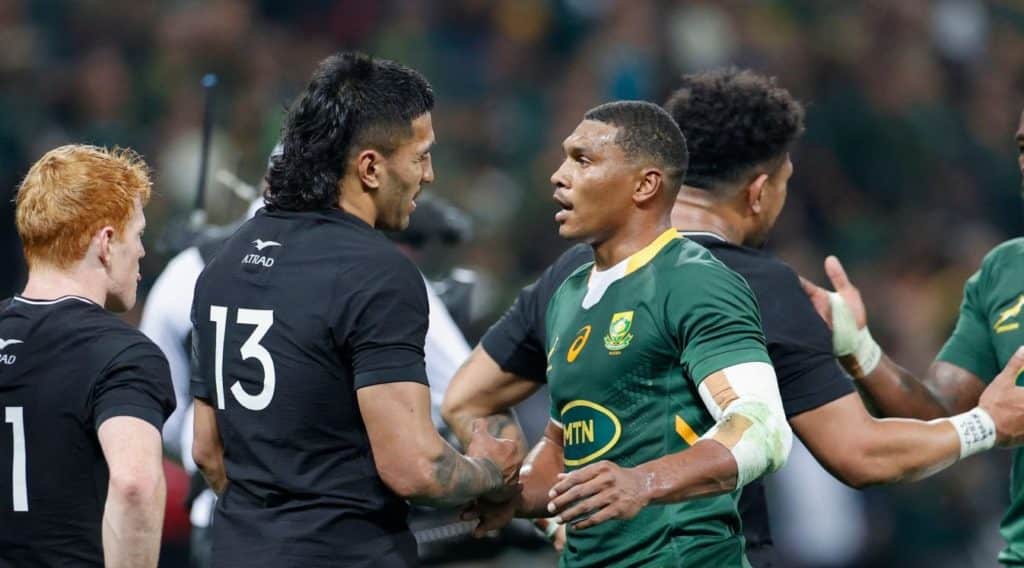 South Africa and New Zealand players shake hands after South Africa's victory during the Rugby Championship international rugby match between South Africa and New Zealand at the Mbombela Stadium in Mbombela on August 6, 2022. (Photo by PHILL MAGAKOE / AFP) (Photo by PHILL MAGAKOE/AFP via Getty Images)