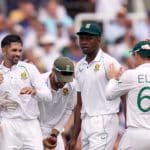 South Africa's Keshav Maharaj celebrates with team-mates after taking the wicket of England's Zak Crawley during day three of the first LV= Insurance Test match at Lord's, London. Picture date: Friday August 19, 2022. (Photo by Adam Davy/PA Images via Getty Images)