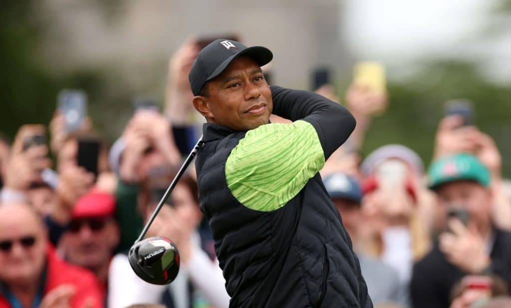 LIMERICK, IRELAND - JULY 04: Tiger woods of United States plays his tee shot at the 1st hole during Day One of the JP McManus Pro-Am at Adare Manor on July 04, 2022 in Limerick, Ireland. (Photo by Oisin Keniry/Getty Images)