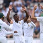 LONDON, ENGLAND - AUGUST 17: Kagiso Rabada of South Africa celebrates dismissing Zak Crawley of England during day one of the First LV= Insurance Test Match between England and South Africa at Lord's Cricket Ground on August 17, 2022 in London, England. (Photo by Gareth Copley/Getty Images)